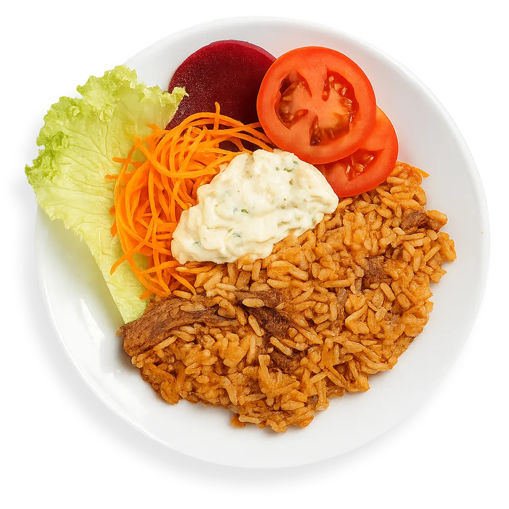 Arroz carreteiro do Pilão Restaurante servido com salada de alface, cenoura, tomate, beterraba e maionese, em Porto Alegre.