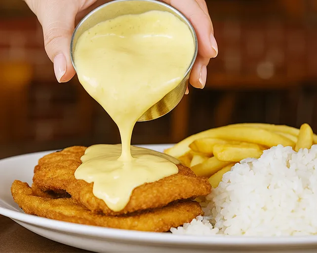 Filé à milanesa do Pilão Restaurante sendo coberto com molho de mostarda, acompanhado de arroz e batata frita em Porto Alegre.