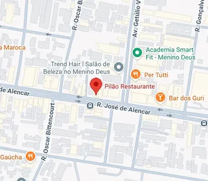 Mapa mostrando a localização do Pilão Restaurante na Rua José de Alencar, Menino Deus, Porto Alegre.