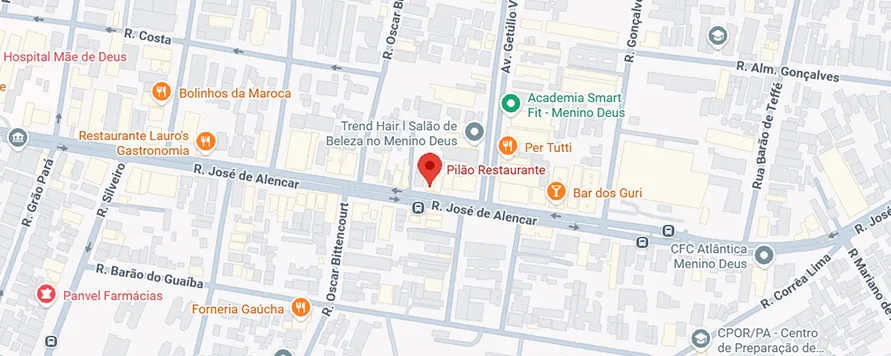 Mapa mostrando a localização do Pilão Restaurante na Rua José de Alencar, Menino Deus, Porto Alegre.