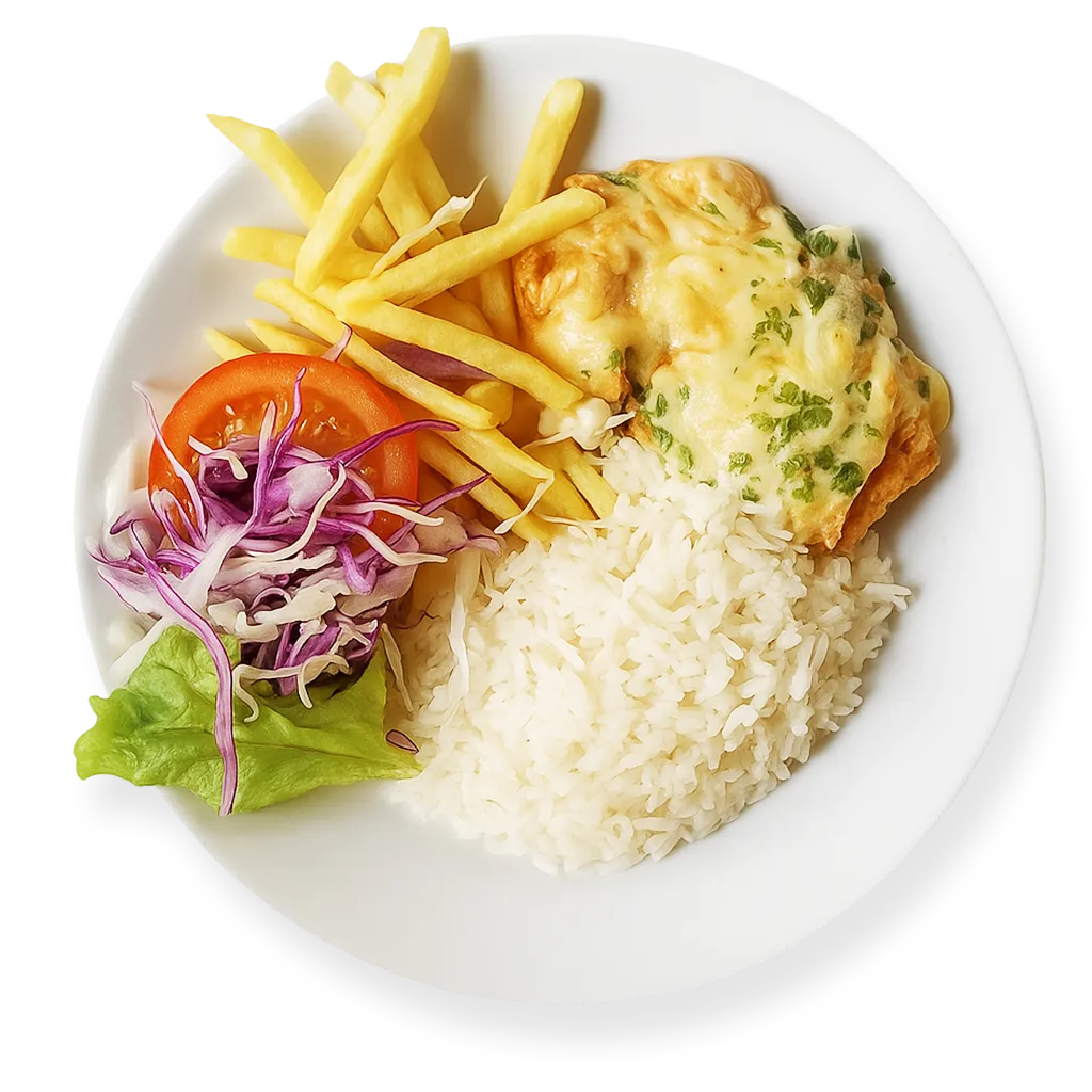 Parmegiana de frango do Pilão Restaurante com arroz, batata frita e salada, servida no Menino Deus em Porto Alegre.